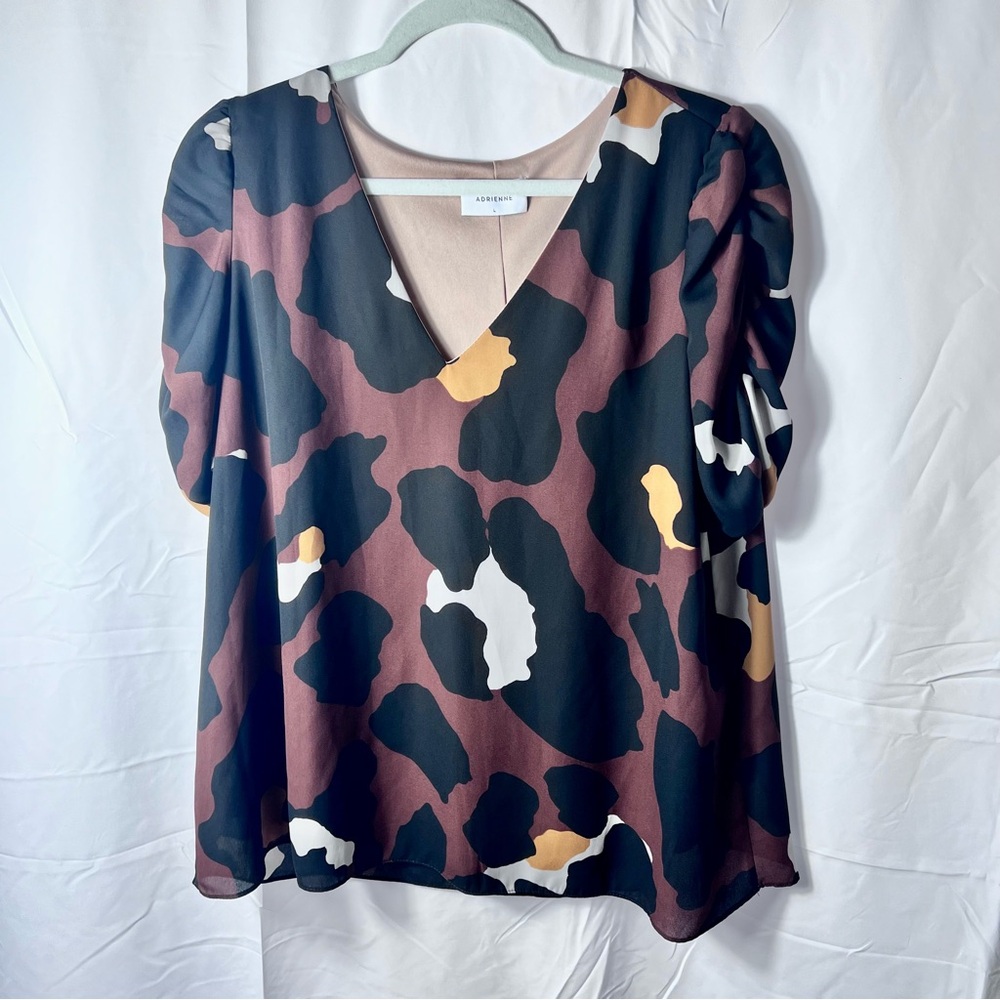 Adrienne Large Blouse Modern Abstract Pattern Work Casual Short Ruching Sleeves